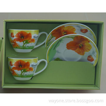 2-set 90cc Coffee Cup Saucer in Printed Gift Box, Poppy Motif, Ideal for Gifts and Promotions